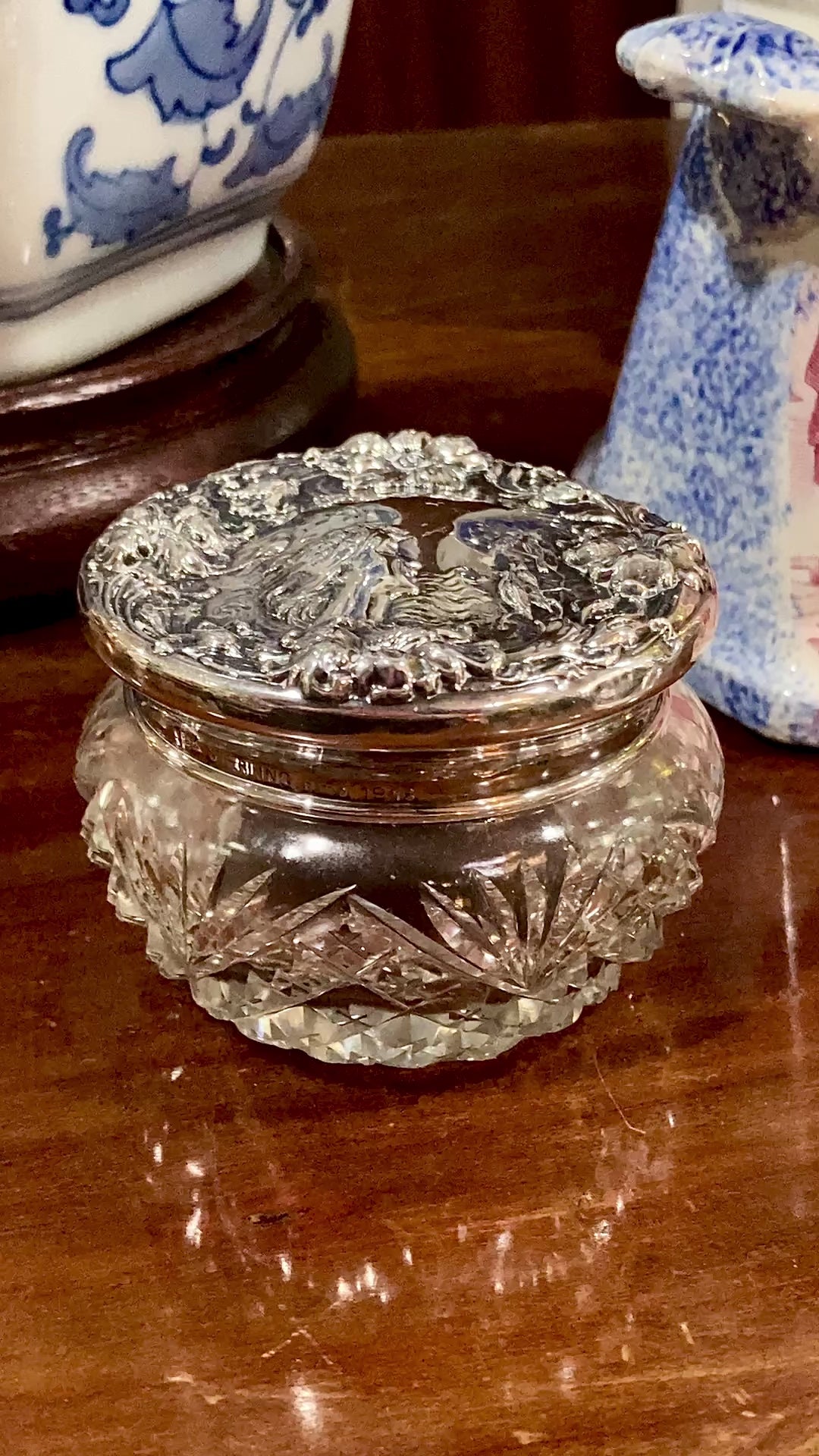 Antique Art Nouveau Foster & Bailey Sterling Silver Lidded Glass Powder Jar