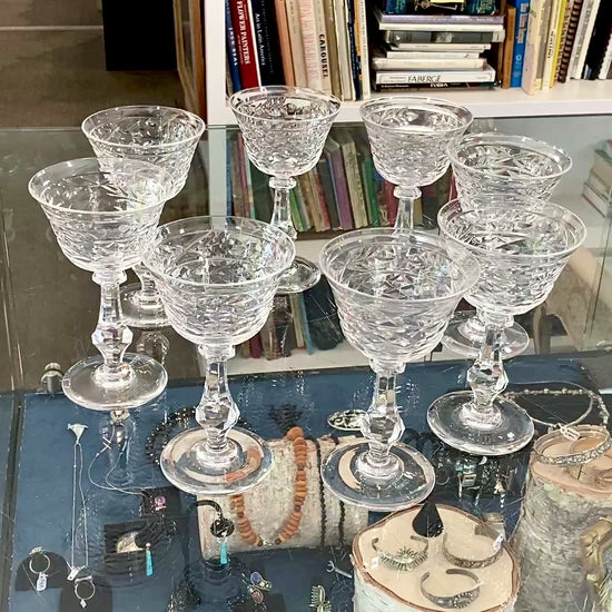 Set of Eight Vintage Engraved Clear Glass Stemmed Cocktail Glasses