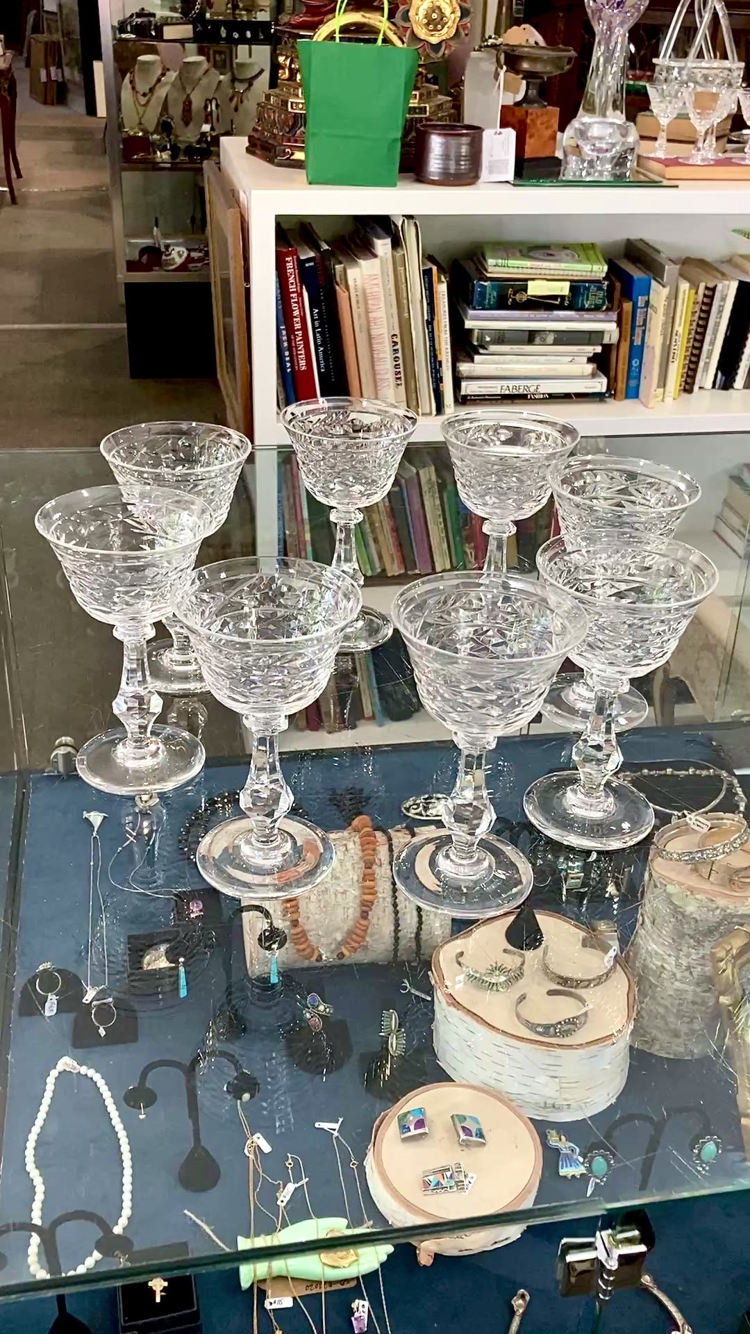 Set of Eight Vintage Engraved Clear Glass Stemmed Cocktail Glasses