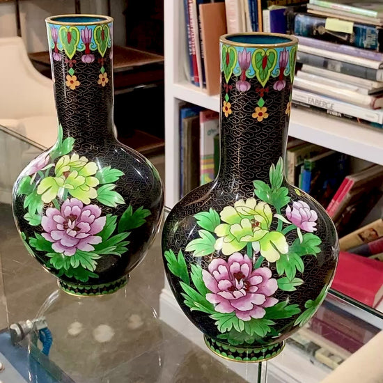 Vintage Pair Enameled Brass Black Floral Phoenix Chinese Cloisonné Vases