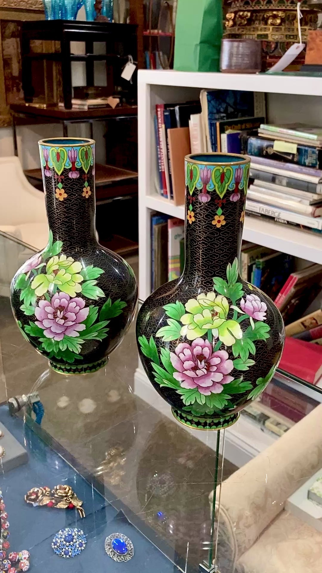 Vintage Pair Enameled Brass Black Floral Phoenix Chinese Cloisonné Vases