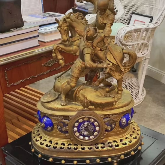 Antique 19th Century Sculptural Knights Hand-Painted Bell Clock