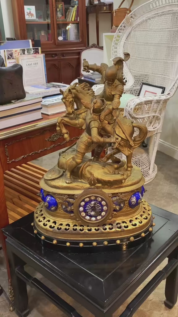 Antique 19th Century Sculptural Knights Hand-Painted Bell Clock