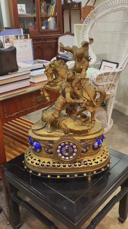 Antique 19th Century Sculptural Knights Hand-Painted Bell Clock