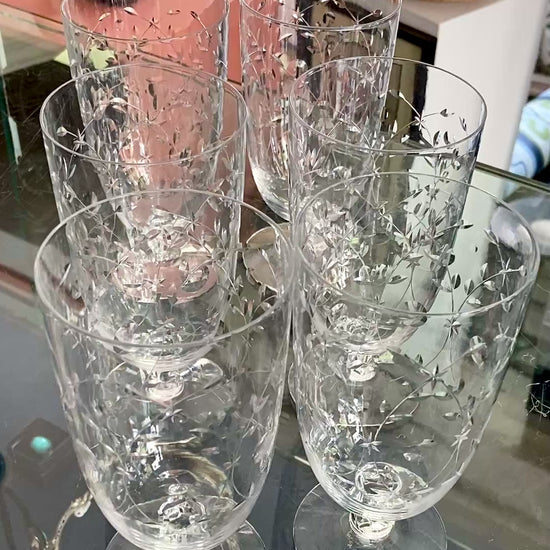 Set of Six Vintage 1940s Starburst Engraved Clear Glass Iced Tea Glasses