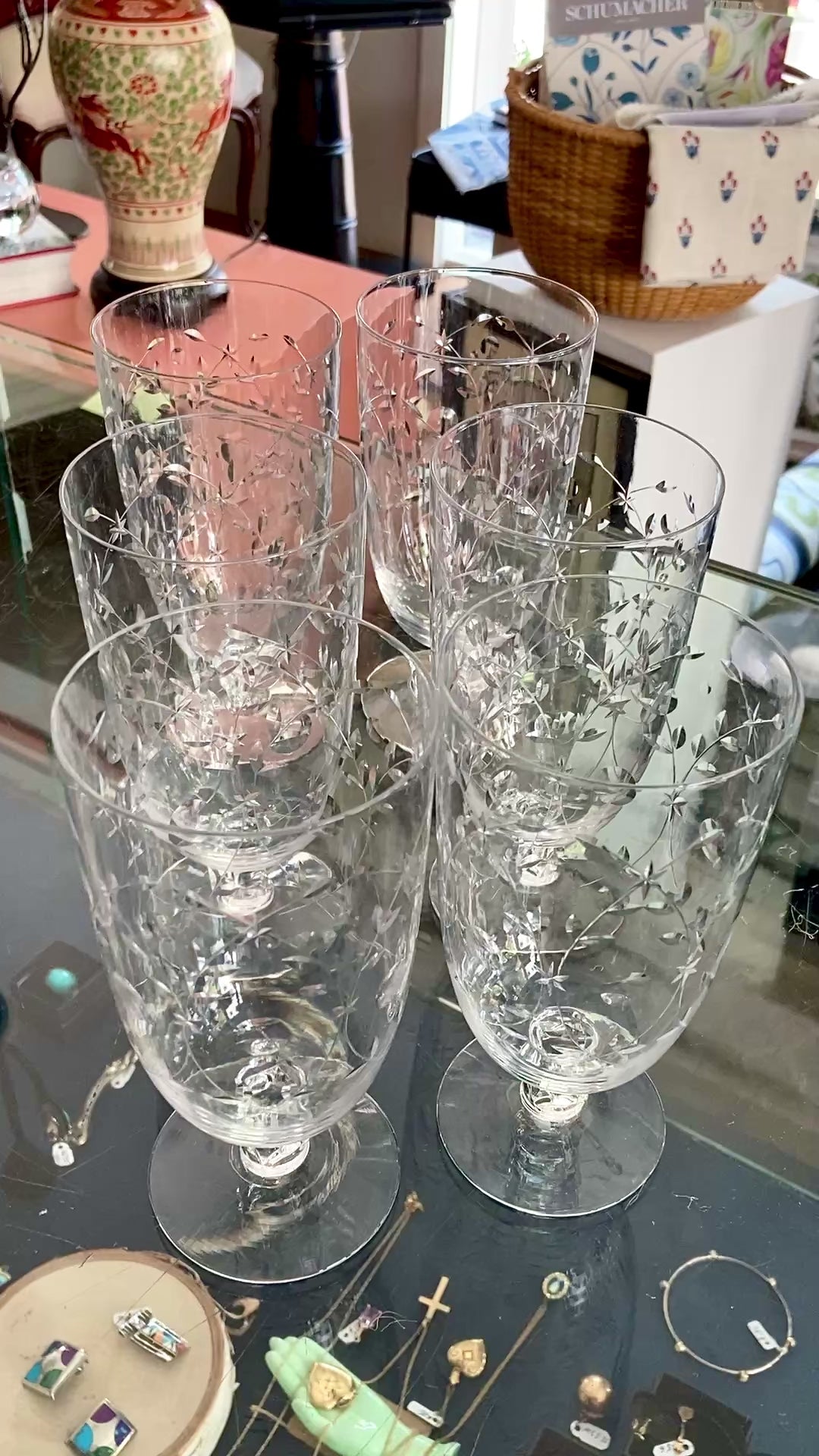 Set of Six Vintage 1940s Starburst Engraved Clear Glass Iced Tea Glasses
