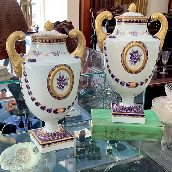 Pair Vintage 1980's 18th Century Style Blue White Gold Mottahedeh Porcelain Urns