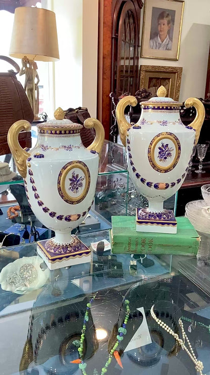 Pair Vintage 1980's 18th Century Style Blue White Gold Mottahedeh Porcelain Urns