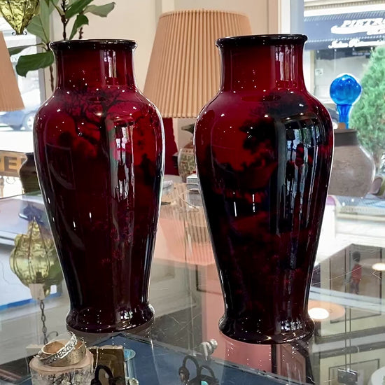 Pair Vintage Royal Doulton Flambe Scenic Red Black Glazed Ceramic Vases