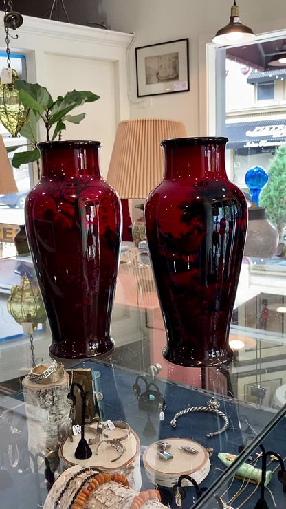 Pair Vintage Royal Doulton Flambe Scenic Red Black Glazed Ceramic Vases