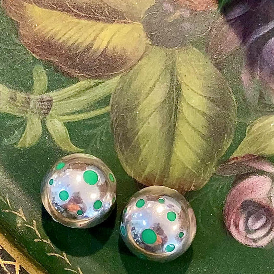 Vintage TAXCO Mexico Sterling Silver Green Domed Circle Clip On Earrings