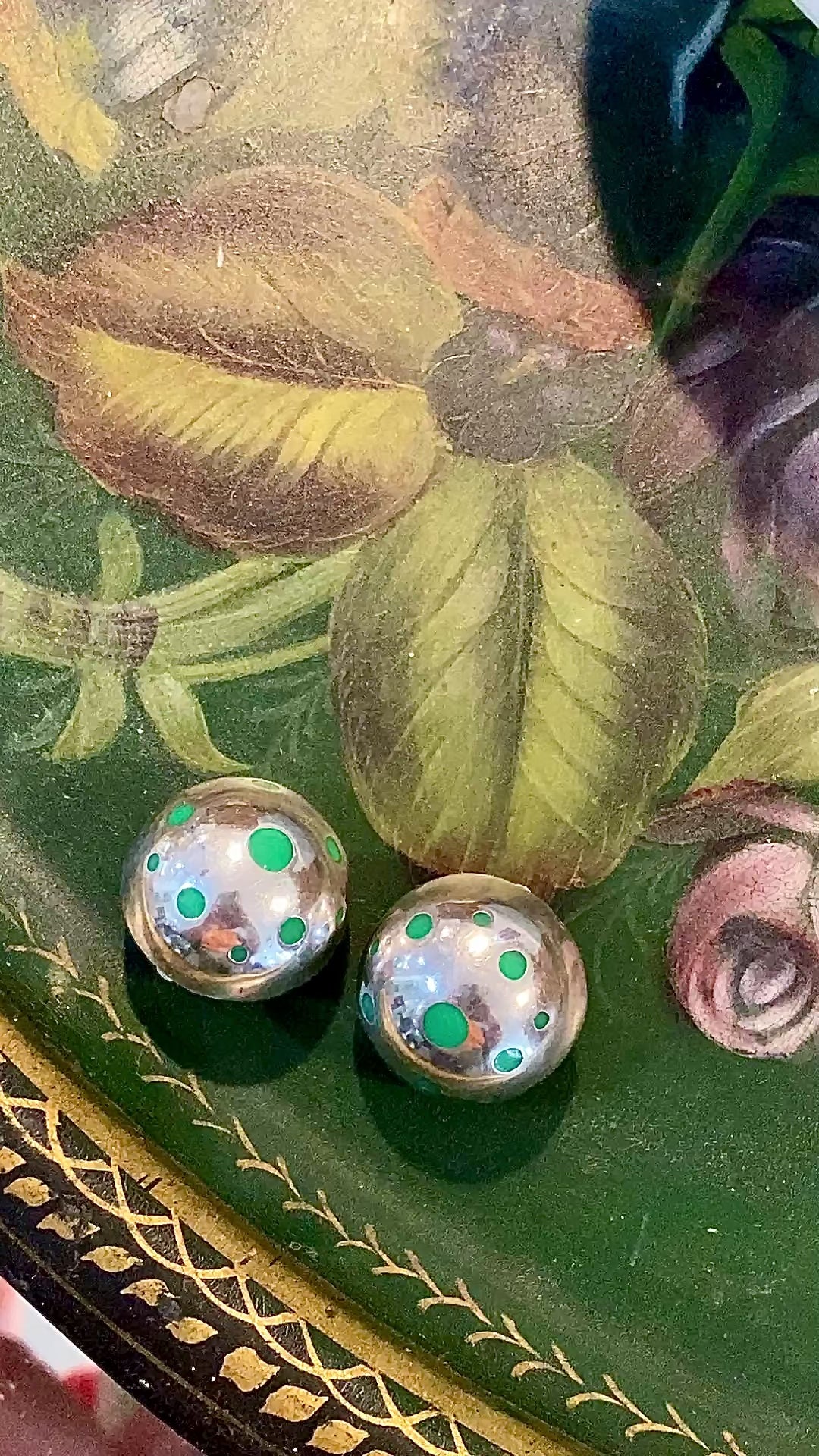 Vintage TAXCO Mexico Sterling Silver Green Domed Circle Clip On Earrings