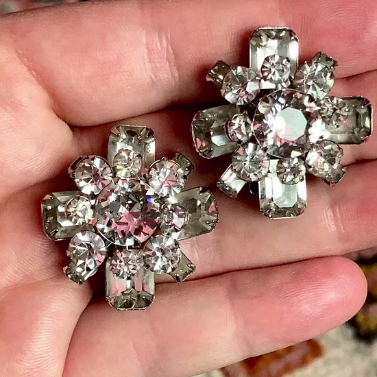 Vintage Reinad Clear Rhinestone Statement Clip On Earrings
