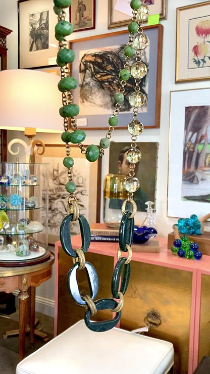 Unsigned Stephen Dweck Bronze Green Quartz Nephrite Bead Long Necklace