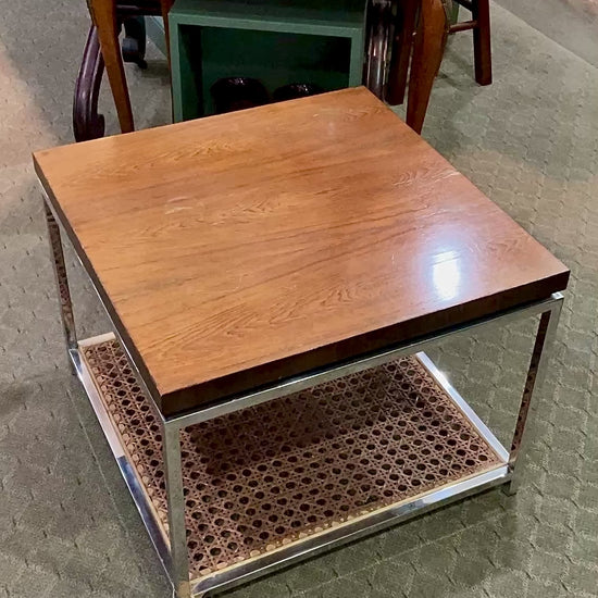 Vintage Pair 1970s MCM Drexel Chrome Rosewood Caned Square Side Coffee Tables