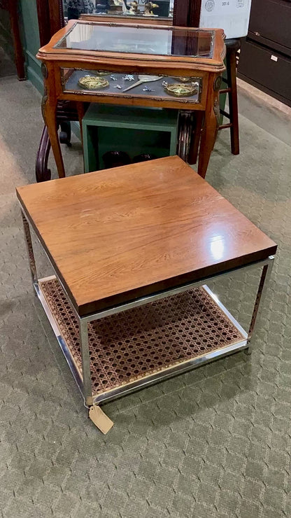 Vintage Pair 1970s MCM Drexel Chrome Rosewood Caned Square Side Coffee Tables