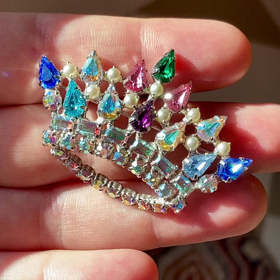 Vintage B. David Colorful Iridescent Rhinestone Pearl Crown Brooch Pin Jewelry