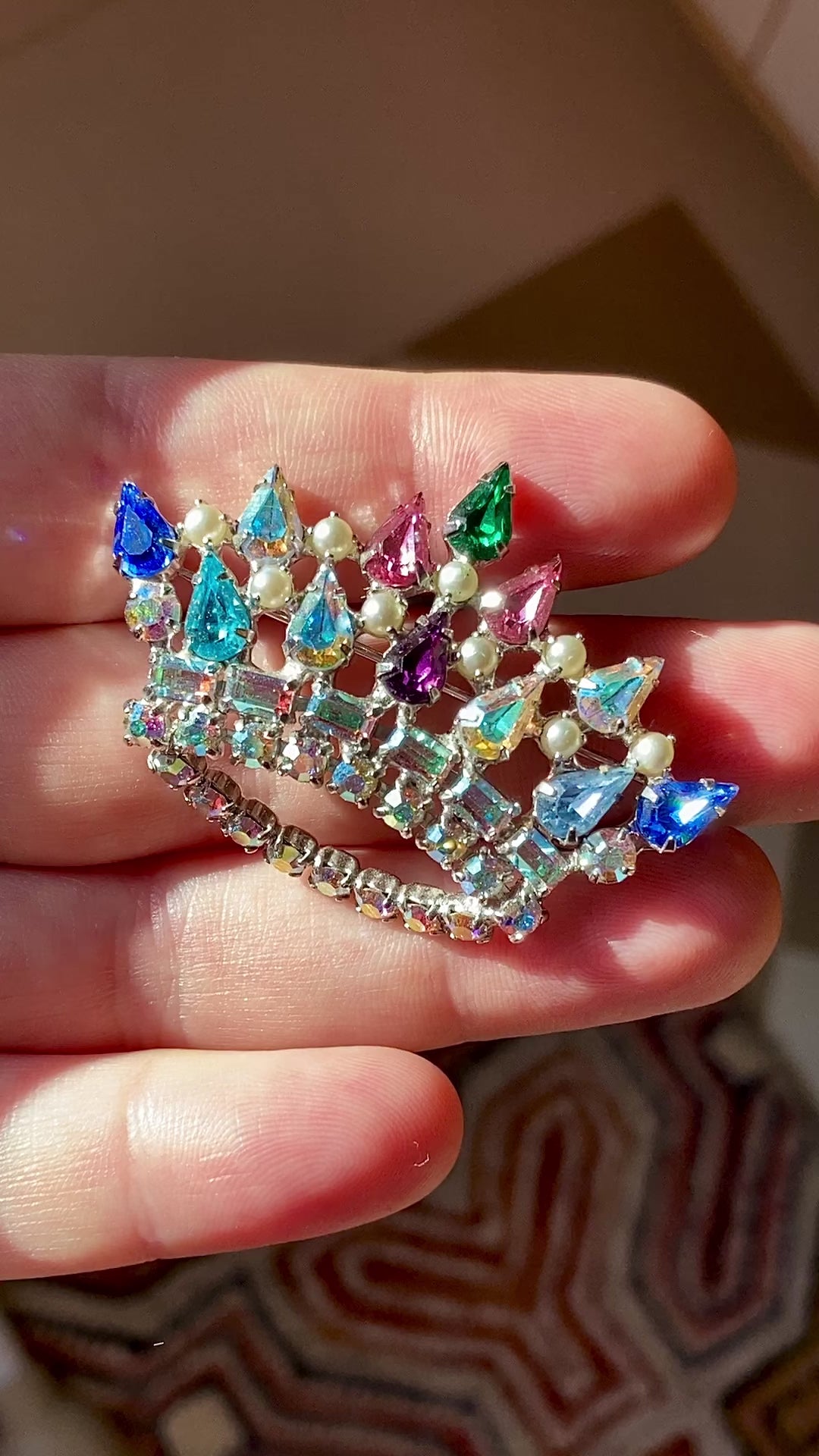 Vintage B. David Colorful Iridescent Rhinestone Pearl Crown Brooch Pin Jewelry