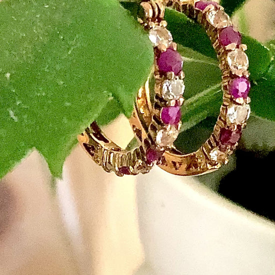 Vintage Ruby Clear Topaz Gold Filled Sterling Silver Latch Hoop Earrings