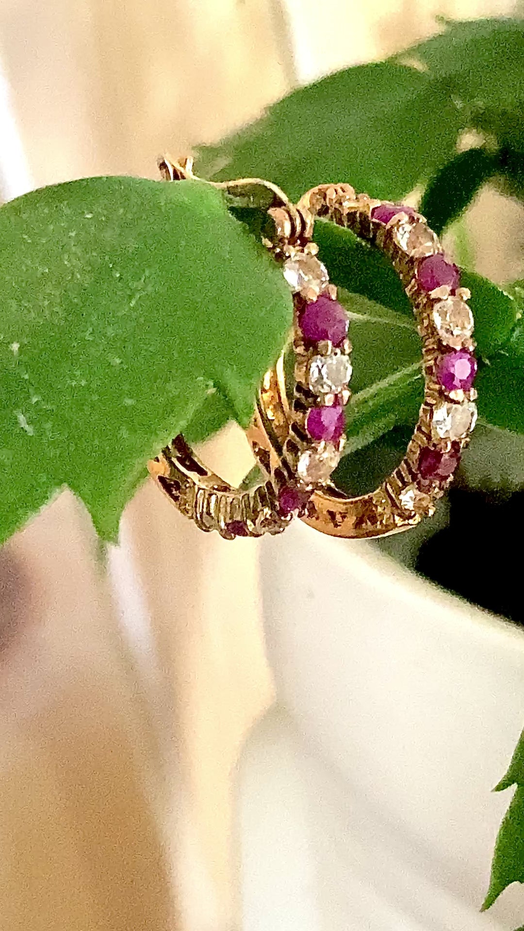 Vintage Ruby Clear Topaz Gold Filled Sterling Silver Latch Hoop Earrings