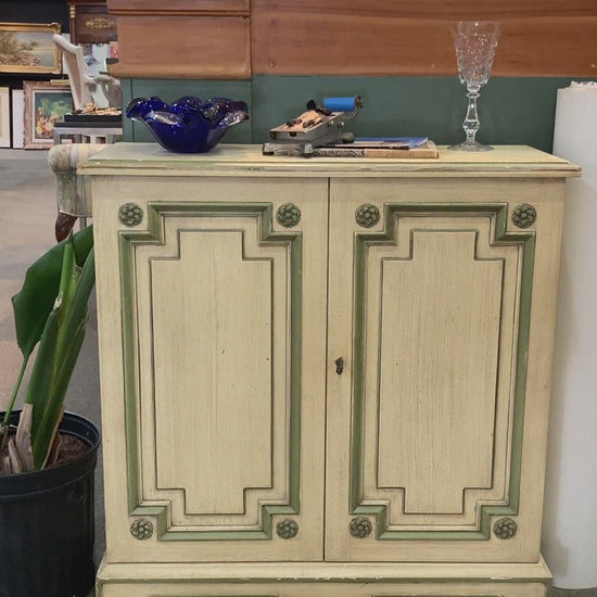 Vintage Standing Olive Green Accented Cabinet Shelf with Key