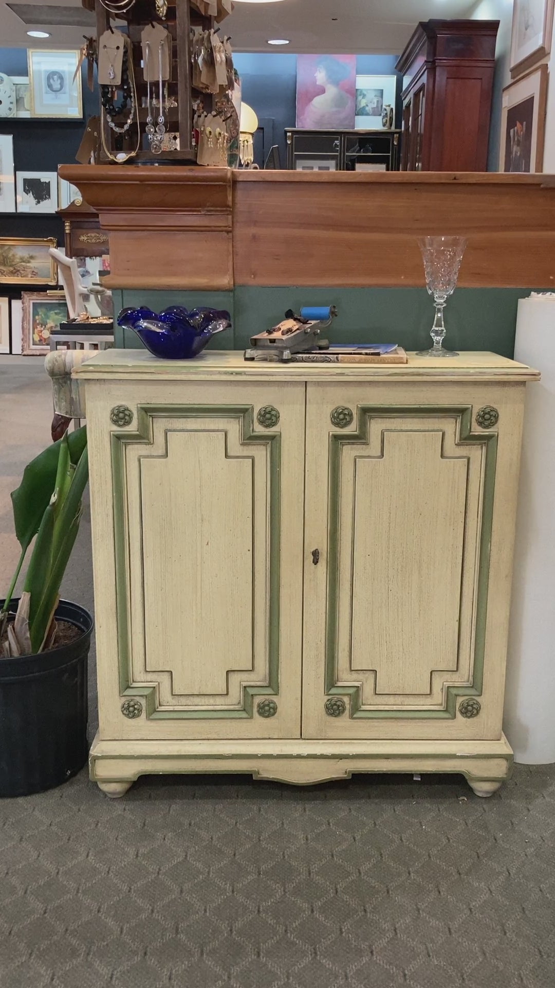 Vintage Standing Olive Green Accented Cabinet Shelf with Key