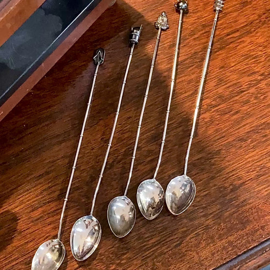 Five Antique 1920s Sterling Silver Japanese Charm Tip Iced Tea Spoons