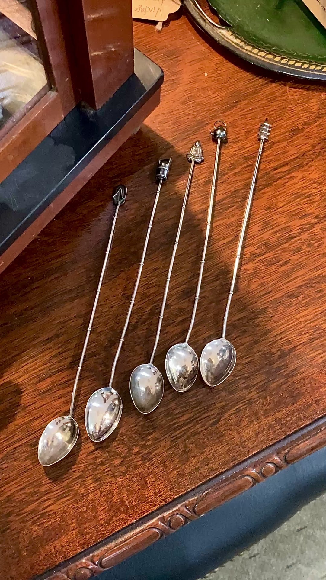 Five Antique 1920s Sterling Silver Japanese Charm Tip Iced Tea Spoons
