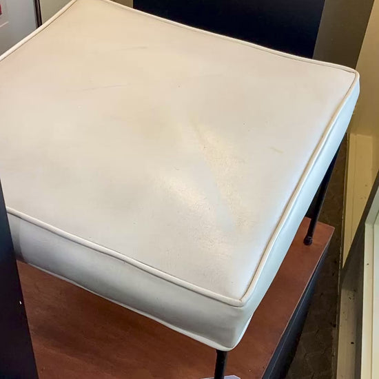 Vintage 1960s Paul McCobb White Leather Black Iron Leg Square Foot Stool Ottoman