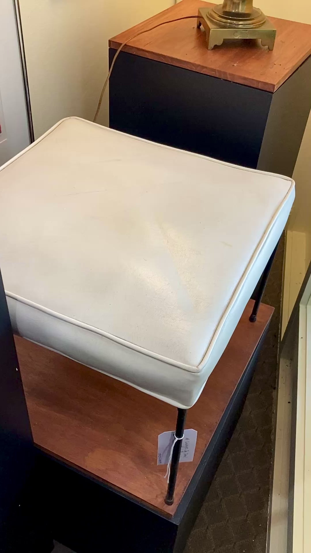 Vintage 1960s Paul McCobb White Leather Black Iron Leg Square Foot Stool Ottoman