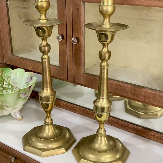 Antique 19th Century Pair Octagonal Base Tall Brass Candlesticks