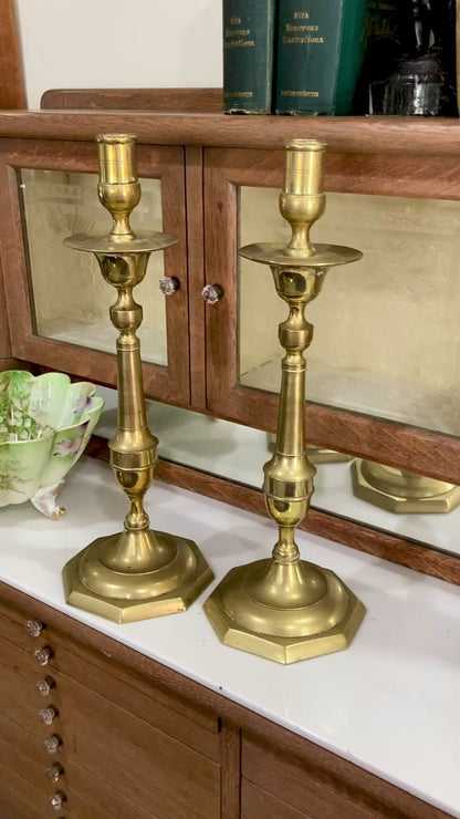 Antique 19th Century Pair Octagonal Base Tall Brass Candlesticks