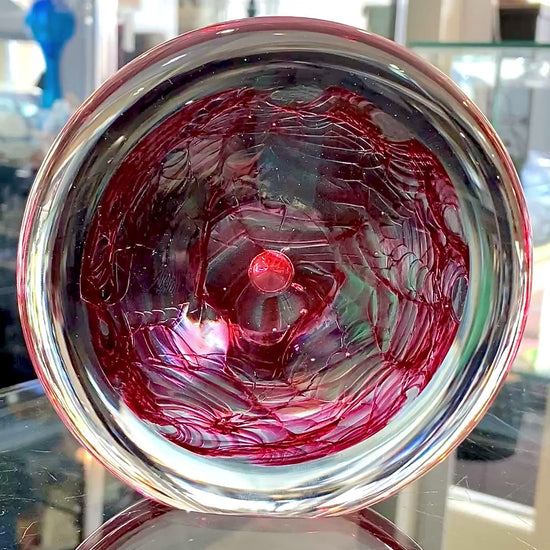 Vintage 1995 Rod Sounik Handblown Magenta Clear Glass Disc Paperweight