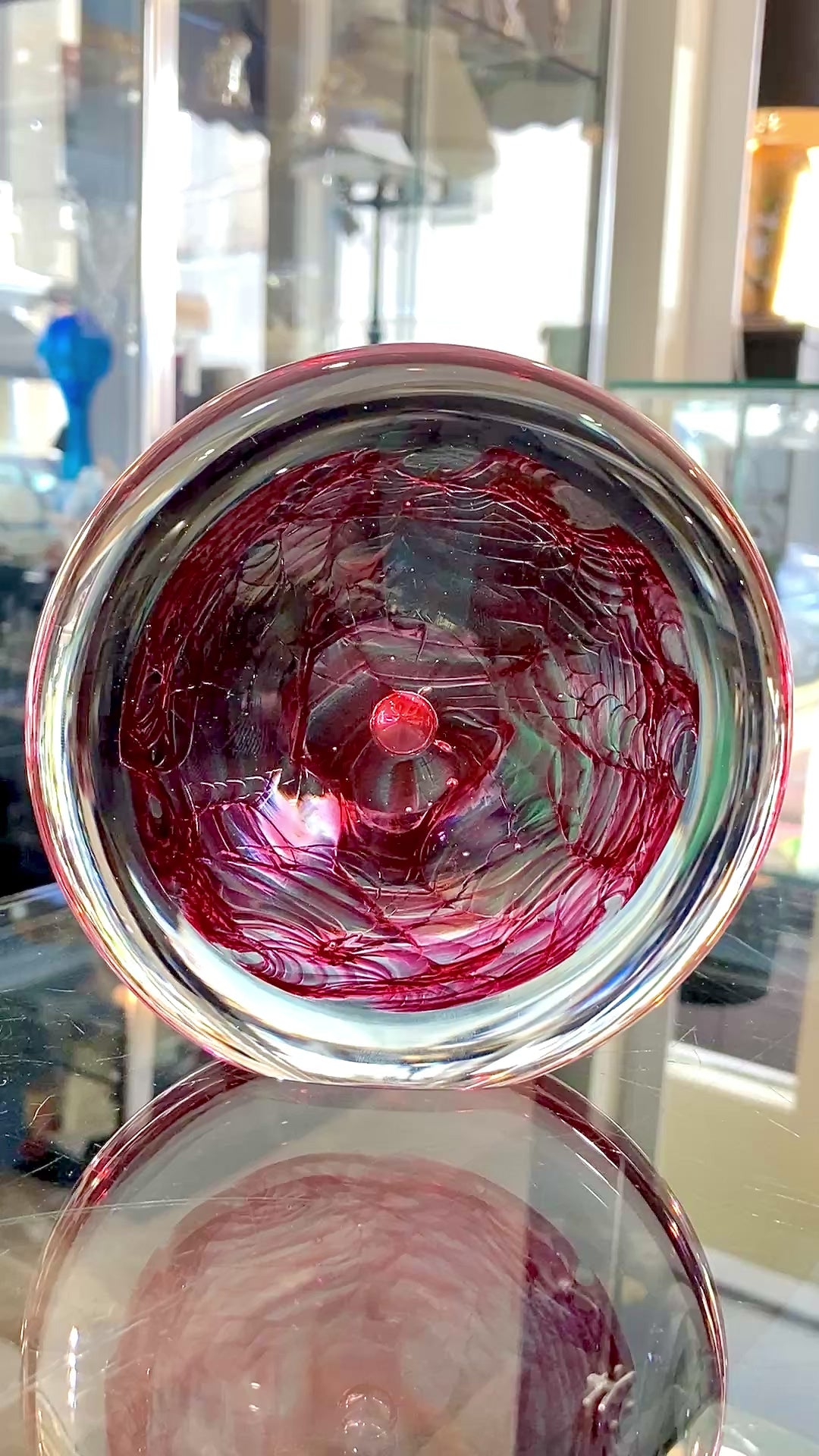 Vintage 1995 Rod Sounik Handblown Magenta Clear Glass Disc Paperweight