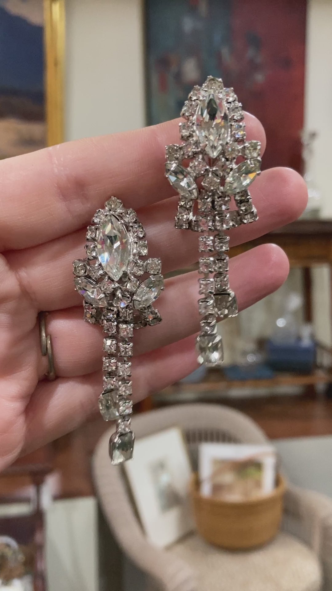 Vintage Rhinestone Tassel Hollywood Glamour Clip On Dangle Earrings