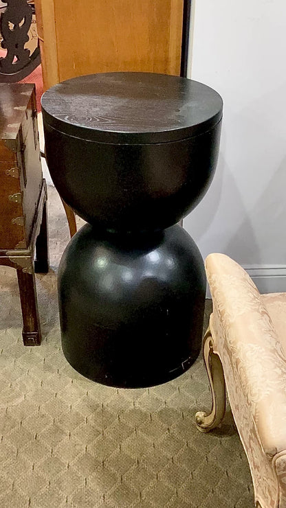 Repurposed Vintage Black Fiberglass Wood Top Hourglass Accent Side Table
