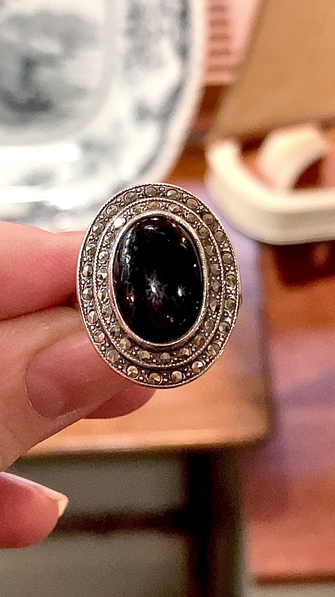 Vintage Sterling Silver Tiered Marcasite Black Oval Cabochon Ring