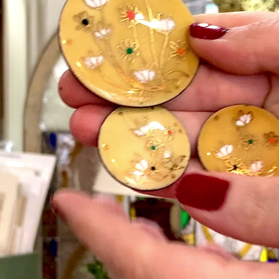 Vintage Gerte Hacker (1911-2000) Yellow Floral Enameled Copper Brooch Earring Set
