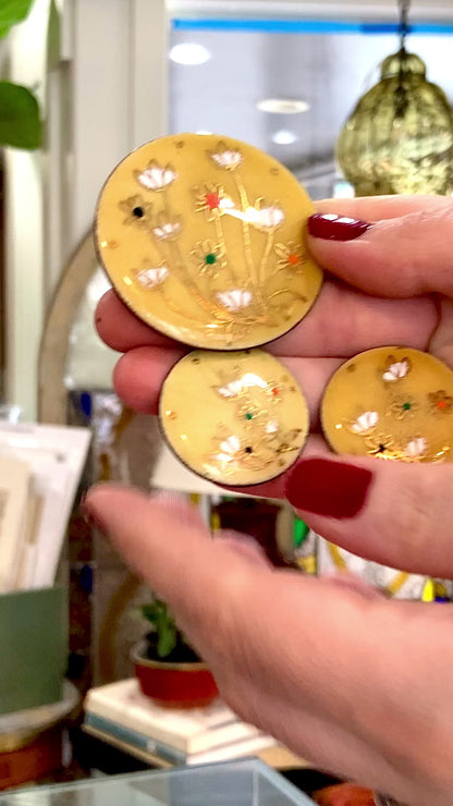 Vintage Gerte Hacker (1911-2000) Yellow Floral Enameled Copper Brooch Earring Set