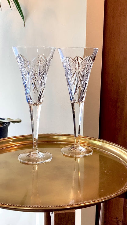 Waterford Happiness Millennium Series Crystal Champagne Flutes Glassware Pair