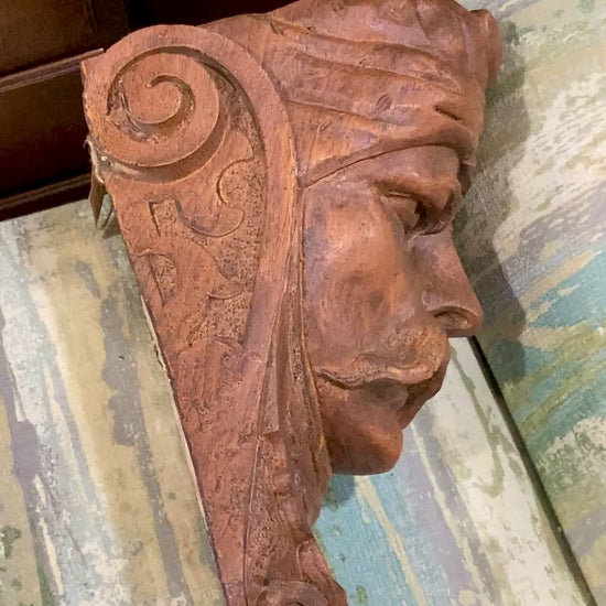 Vintage Faux Wooden Nickel '78 Cast Mustachioed Man Wall Sculpture Corbel