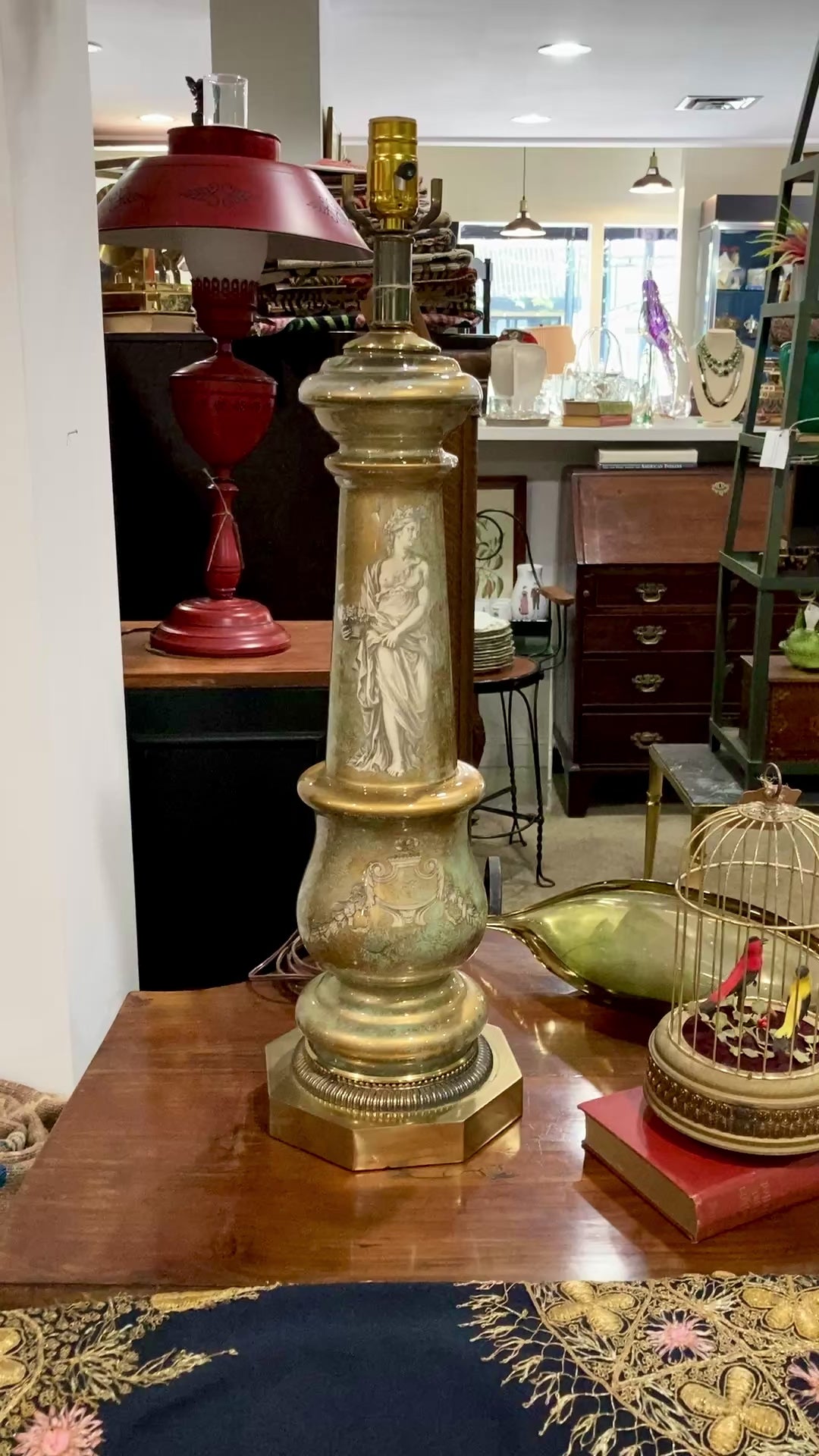 Vintage 1950's Hollywood Regency Greek Goddess Eglomise Glass Table Lamp