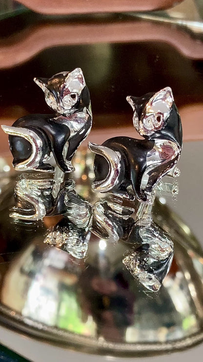 Vintage MCM Kitsch Silver Chrome Enameled Black Cat Cufflink Pair