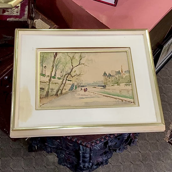 Vintage Georges Audureau (1896-1986) Parisian River Scene Framed Watercolor Painting