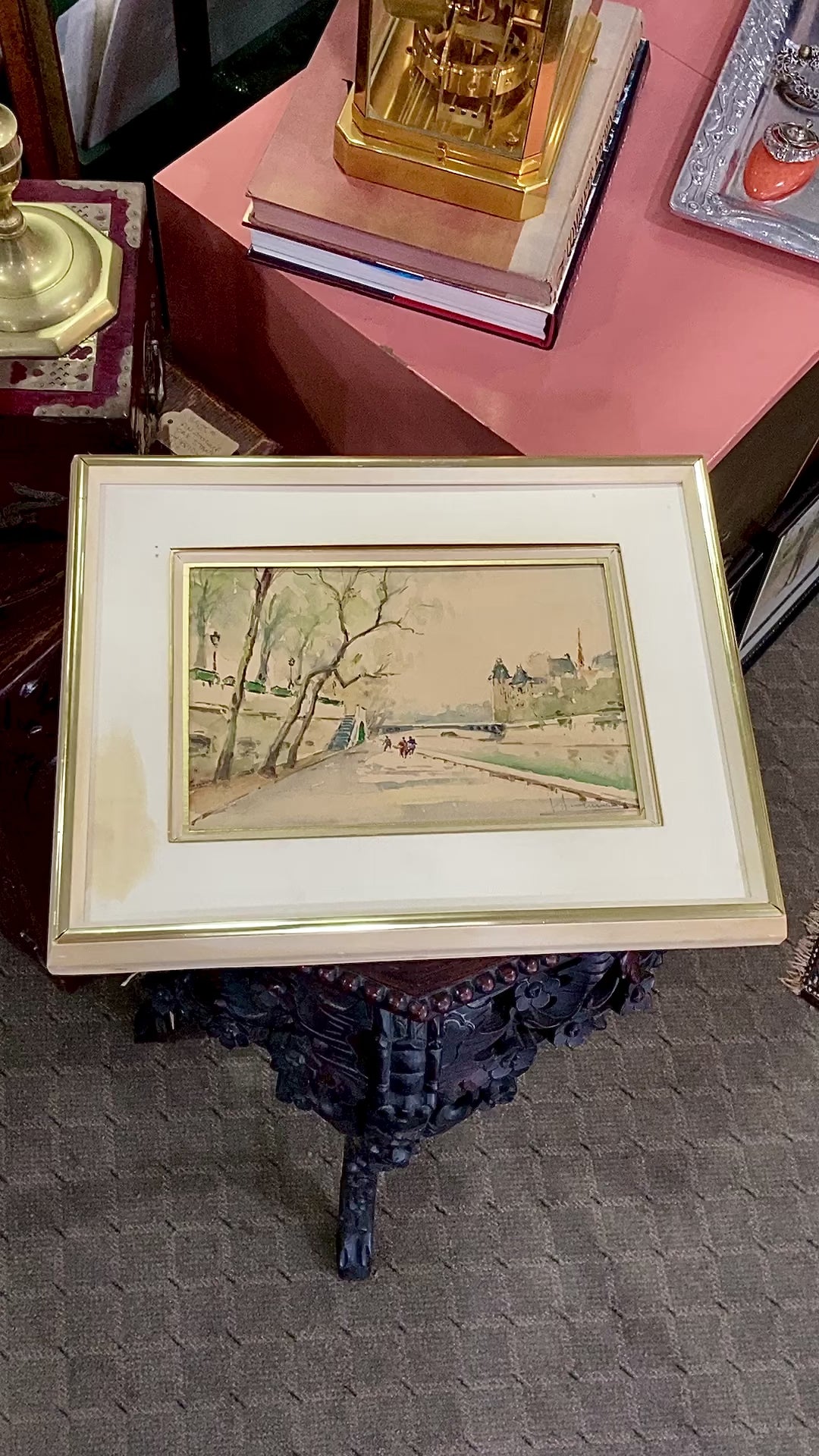 Vintage Georges Audureau (1896-1986) Parisian River Scene Framed Watercolor Painting