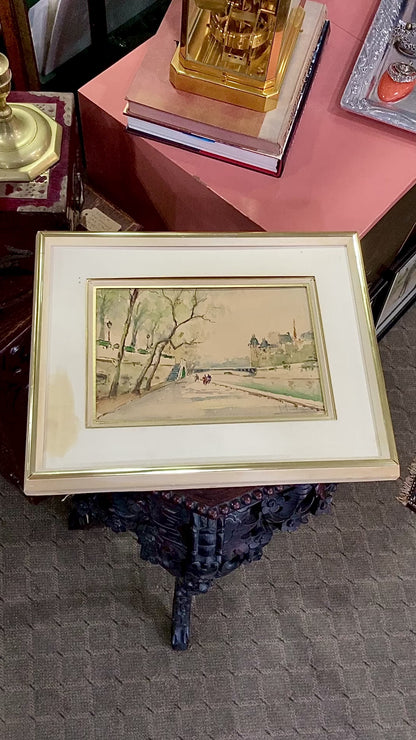 Vintage Georges Audureau (1896-1986) Parisian River Scene Framed Watercolor Painting