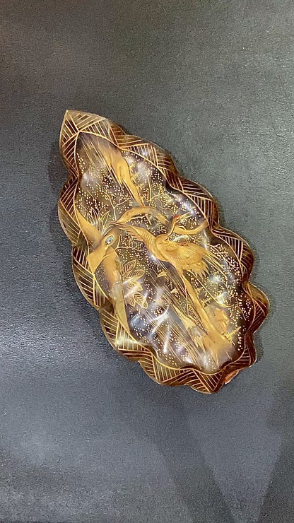 Antique Leaf Shape Gilt Crane Tortoise Shell Lacquer Dish Japanese Tray