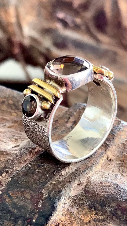 Contemporary Textured Sterling Silver Cushion Cut Smoky Quartz Ring video