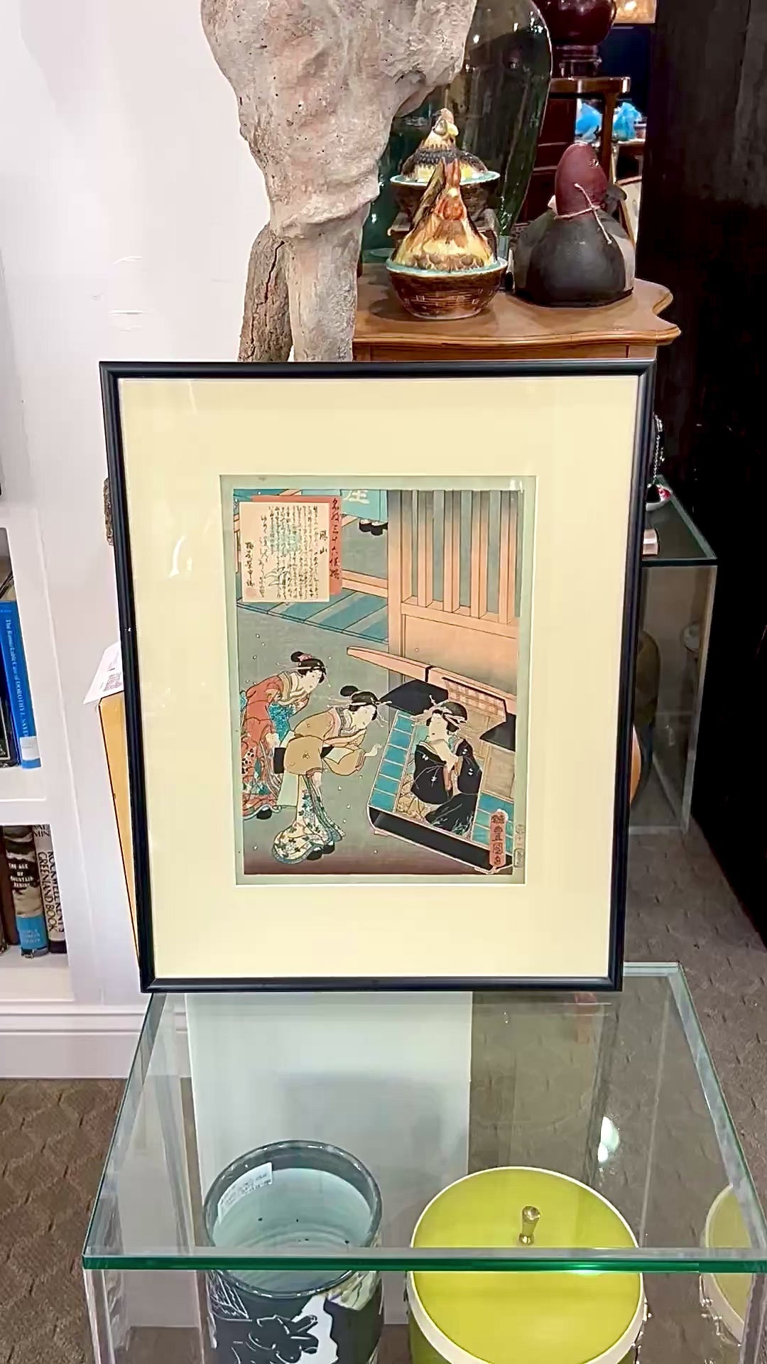 19th Century Utagawa Kunisada (1786-1865) Ladies with Palanquin Framed Woodblock Print