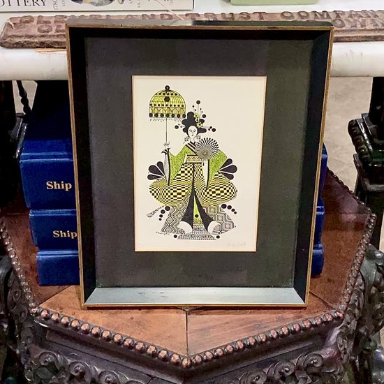 Vintage 1975 Psychedelic Roger Coast Yellow Black Graphic Geisha Framed Print